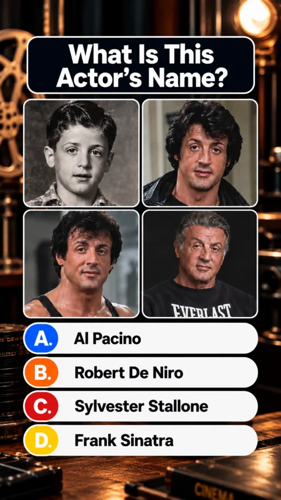A multiple-choice quiz image showing four pictures of actor Sylvester Stallone at different ages from childhood to older