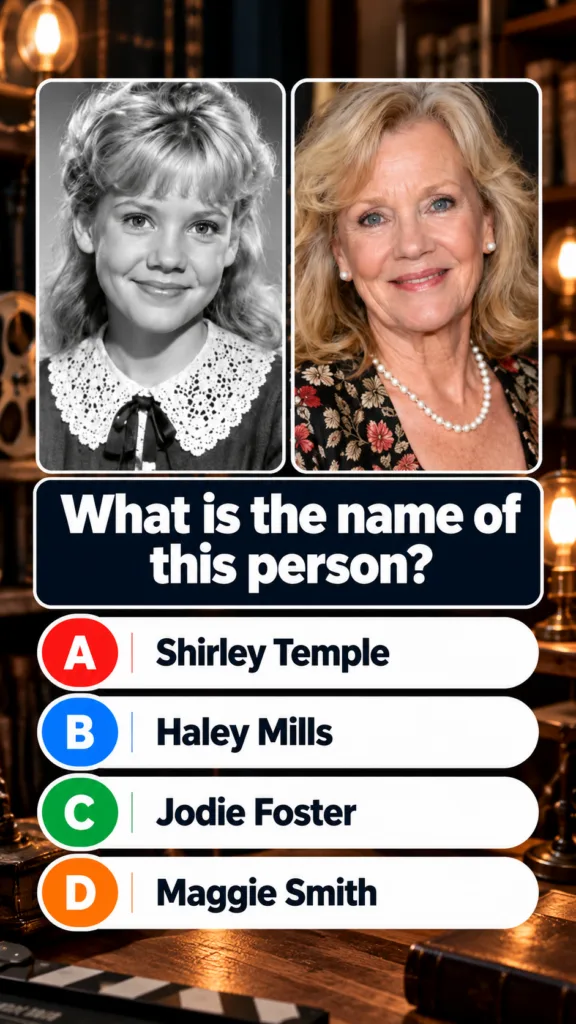 A quiz image showing two portraits of Elizabeth Taylor at different ages with multiple-choice options The left image is 