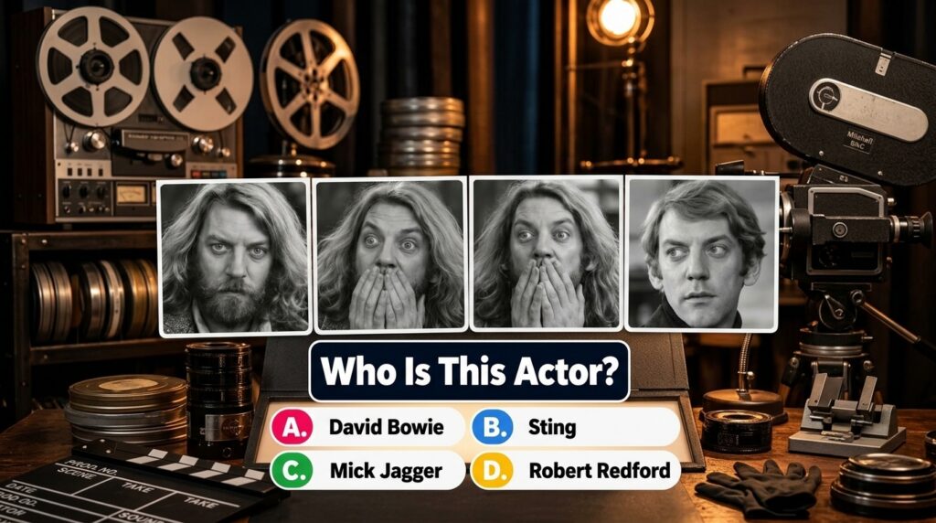 A vertical quiz graphic showing four black and white portraits of Donald Sutherland at different ages and roles The back