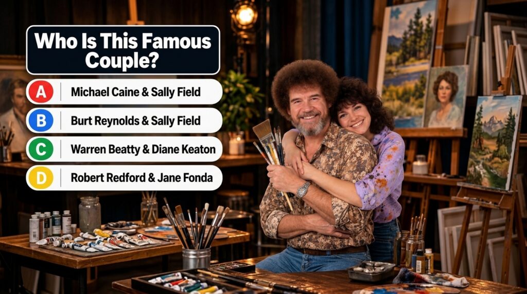 Bob Ross embracing a smiling woman both holding paintbrushes with quiz options below
