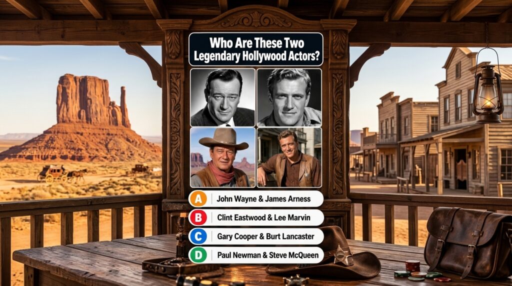 A quiz image with a portrait of John Wayne and multiple-choice options against a Western background