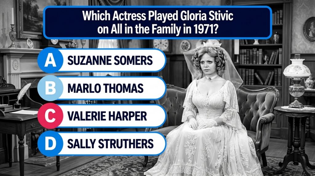 Black and white portrait of Sally Struthers in a wedding dress veil and tiara as her character Gloria Stivic from All in