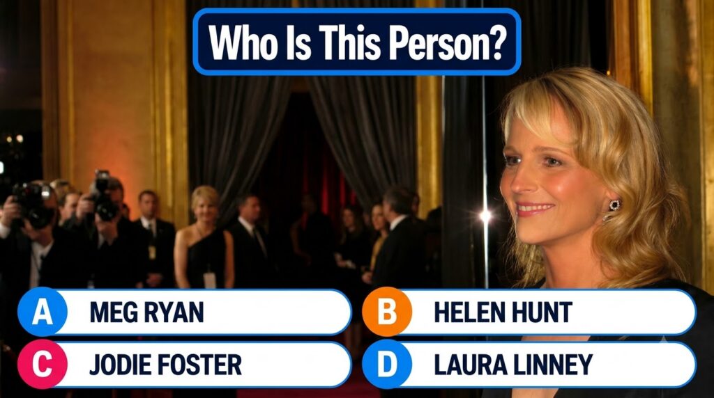 A multiple-choice quiz image featuring a smiling blonde woman with text Who Is This Person and four answer options below