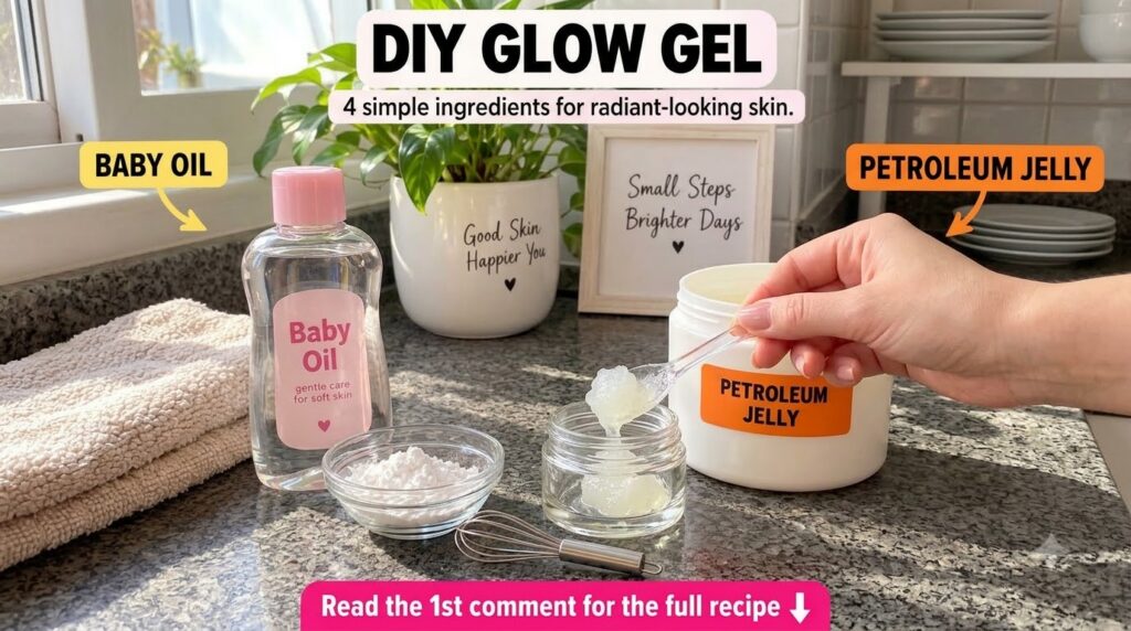 A flat lay composition showing ingredients for a DIY glow gel a bottle of baby oil a jar of petroleum jelly a small glas