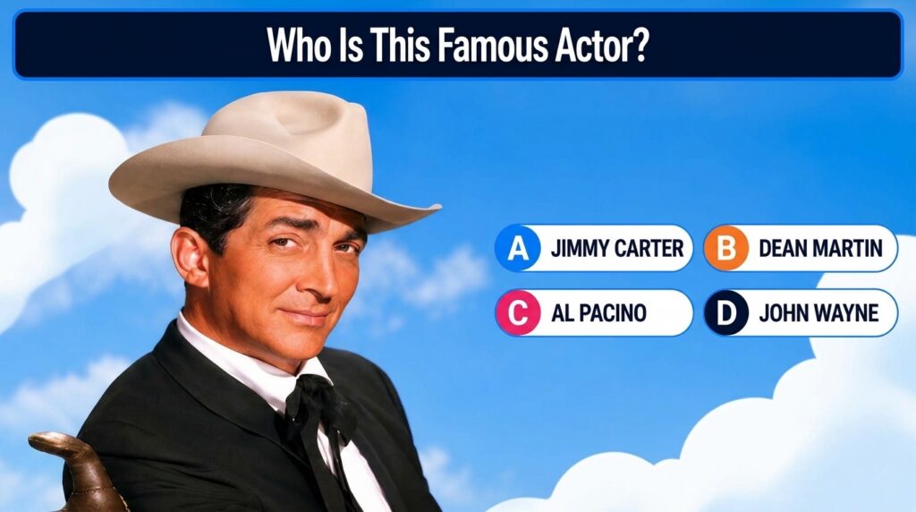 A black and white portrait of Dean Martin wearing a cowboy hat and suit with a blue sky background and quiz options belo