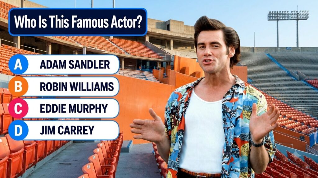 A multiple-choice quiz image showing a mid-shot portrait of Jim Carrey as Ace Ventura wearing a patterned Hawaiian shirt
