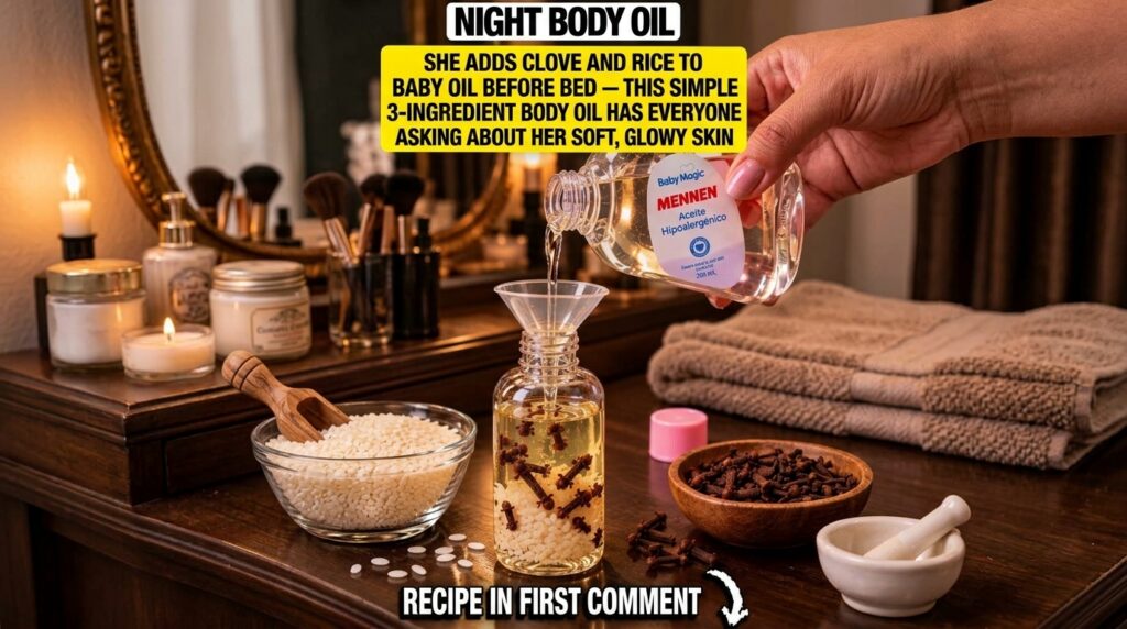 A hand pouring clear baby oil from a bottle into a small glass bottle through a funnel The small bottle contains white r