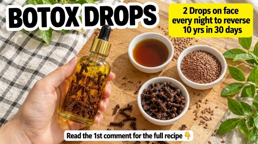 A close-up overhead shot of ingredients for a DIY beauty remedy on a light wooden surface A hand holds a clear glass dro