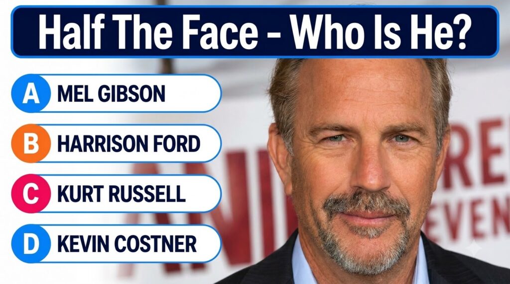 A quiz graphic showing the right half of Kevin Costner s face with a subtle smile and salt-and-pepper hair and beard Bel