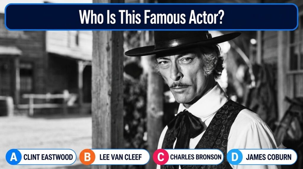 Black and white portrait of actor Lee Van Cleef in Western attire with a wide-brimmed hat cravat and patterned vest He h