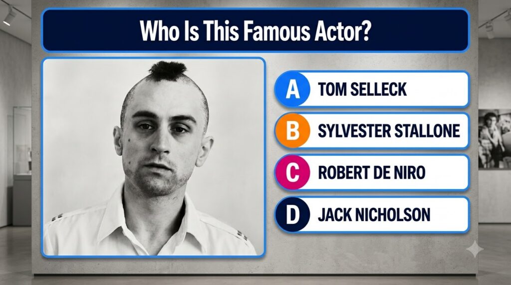 black and white headshot of Robert De Niro as Travis Bickle with a mohawk haircut from a quiz