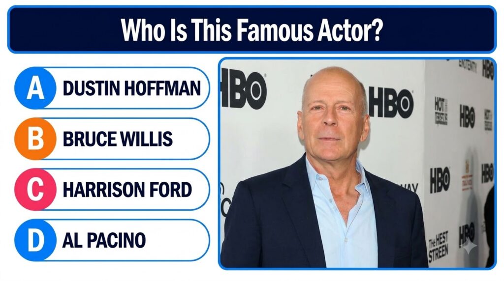 A quiz screen featuring a headshot of actor Bruce Willis framed against a light background with a partial HBO logo visib
