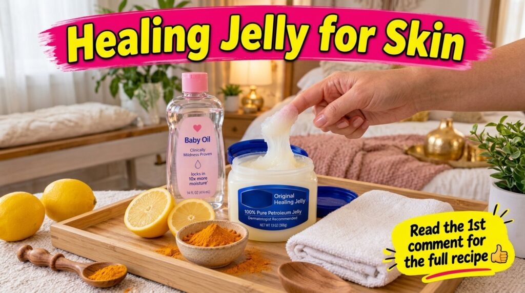 A close-up brightly lit shot of an open Vaseline jar with a finger pulling out jelly a baby oil bottle lemon halves turm