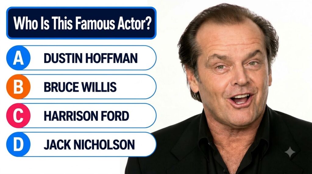 Headshot of actor Jack Nicholson smiling in a quiz format