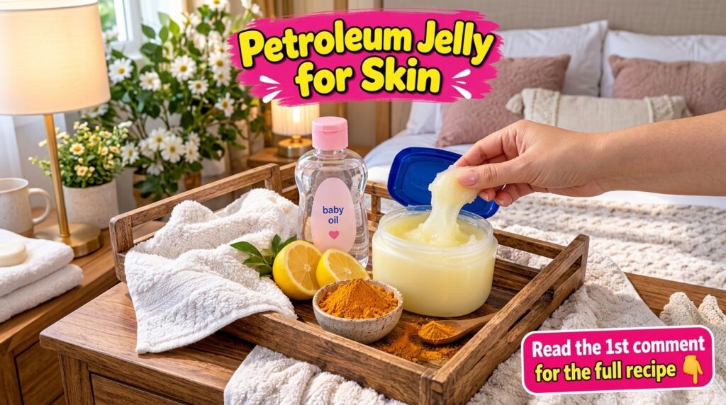 A vibrant flat lay of beauty ingredients including petroleum jelly baby oil halved lemons and turmeric powder on a woode