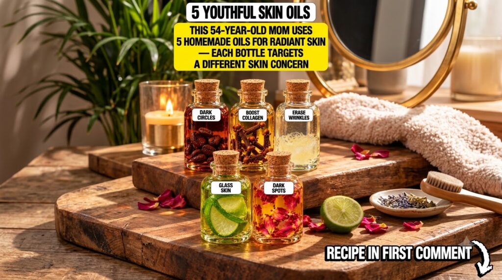Five small glass bottles with cork stoppers each containing different natural ingredients submerged in oil labeled for v