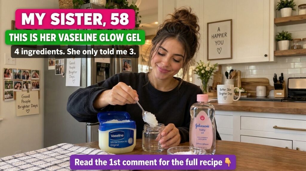 A young woman in a cozy kitchen smiling gently scooping petroleum jelly from a blue tub into a clear glass jar with a sp
