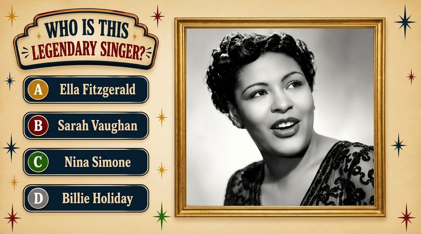 A vintage-style quiz poster featuring a black and white portrait of Ella Fitzgerald with the question WHO IS THIS LEGEND