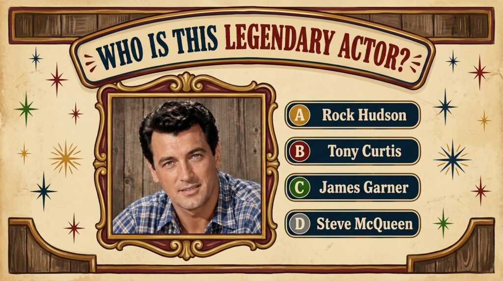A vintage quiz poster featuring a headshot of classic Hollywood actor James Stewart smiling gently in a plaid shirt agai