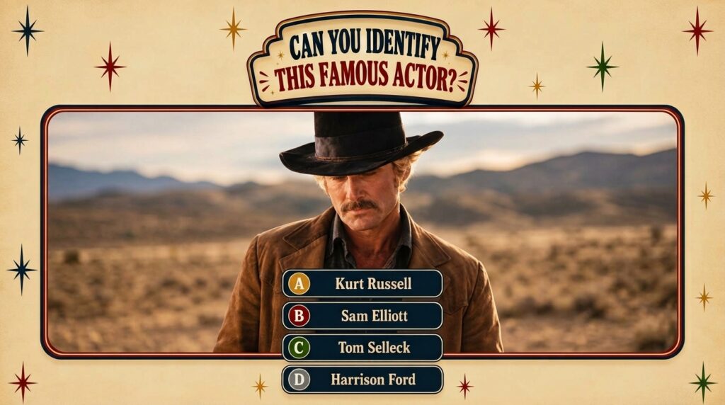 A vintage-style quiz card with a portrait of a fair-haired man with a distinctive mustache and cowboy hat