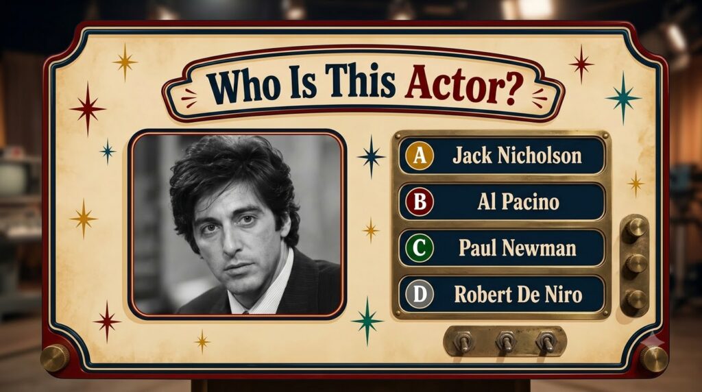 A vintage-style quiz card with the question Who Is This Actor and a black and white portrait of a young Al Pacino with f
