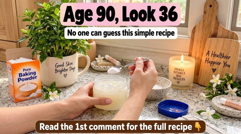 Hands mixing baking soda into petroleum jelly in a small jar on a speckled kitchen counter with a box of baking soda a p