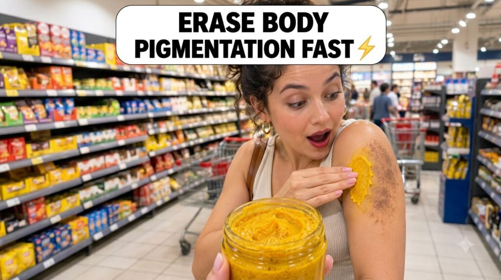 A woman with a surprised expression looking at her arm where a hand is applying a vibrant yellow turmeric-like paste to 