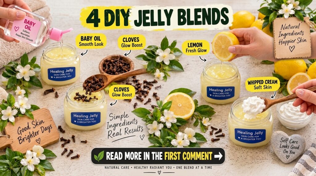 A bright flat lay showcasing four glass jars of light yellow jelly Baby oil is poured into one dried cloves added to ano