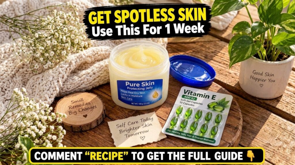 A flat-lay arrangement on a rustic wooden surface featuring an open tub of petroleum jelly a blister pack of green Vitam