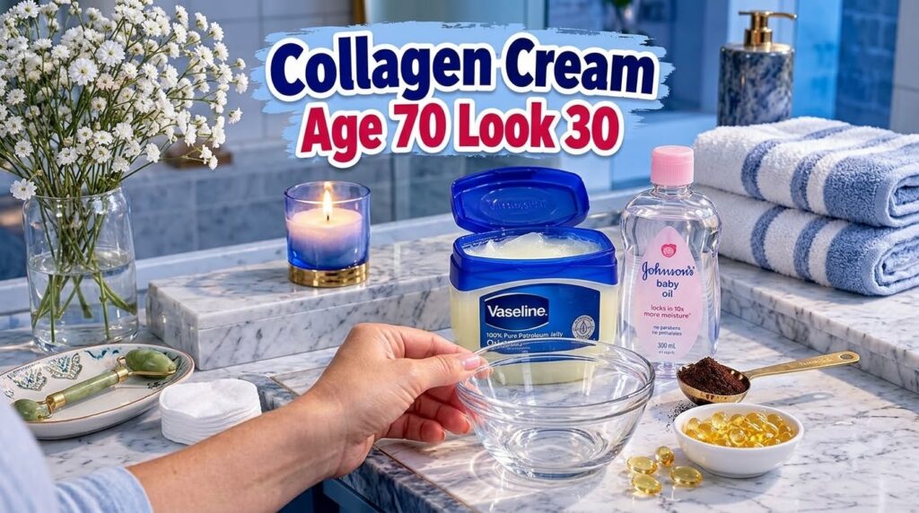 Ingredients for DIY collagen cream including Vaseline baby oil and vitamin E capsules with a hand holding a mixing bowl
