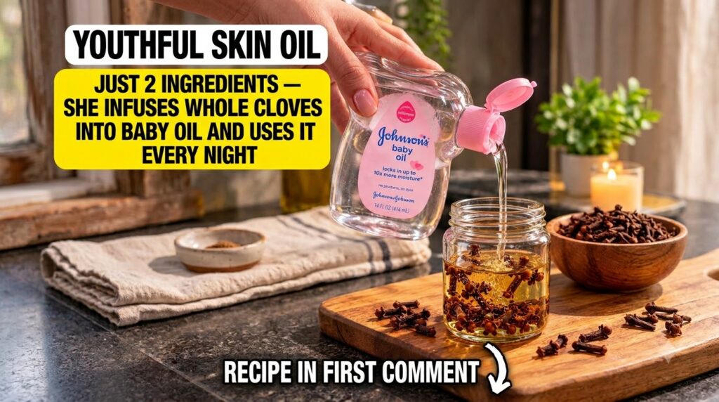A hand pouring baby oil into a clear glass jar filled with whole cloves with a natural warm background