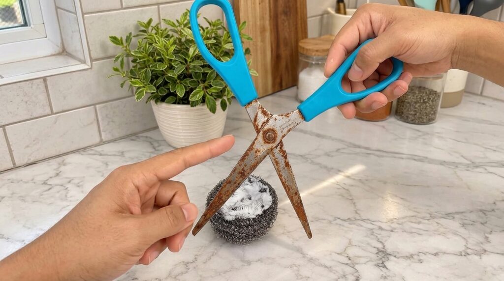 Close-up of heavily rusted blue-handled scissors being scrubbed with a metal pad and white soap suds on a white marble c