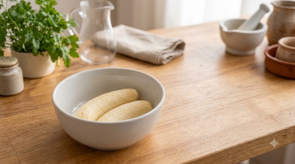 A microwave-safe bowl filled with mashed bananas and mixed berries warm and slightly bubbling drizzled with honey or map