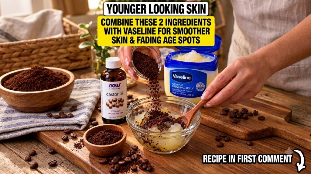 A hand pouring dark coffee grounds into a glass bowl containing Vaseline with a bottle of castor oil and a tub of Vaseli
