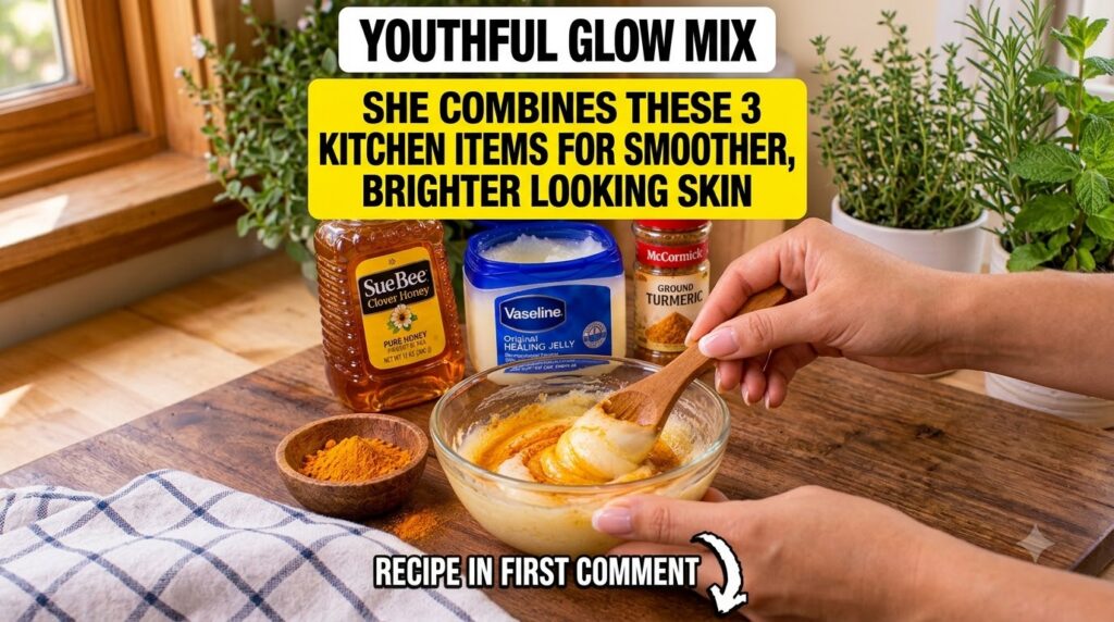 Flat lay of ingredients for a homemade beauty mask a jar of Vaseline a bottle of honey a tub of Greek yogurt and a small