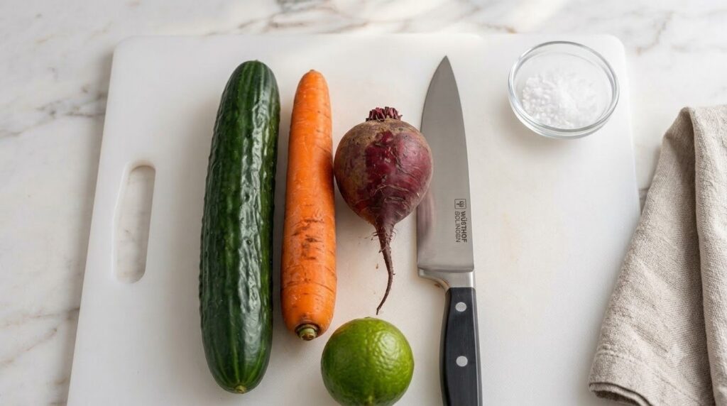 A vibrant red-orange juice in a clear glass made from cucumber lime carrot and beetroot with fresh ingredients artfully 