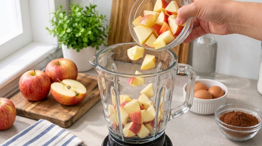 A hand pouring diced red apples into a blender with whole and cut apples in the background