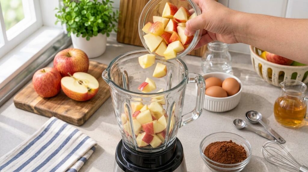 Hand pouring diced red apples into a blender with other fresh ingredients on a clean kitchen counter