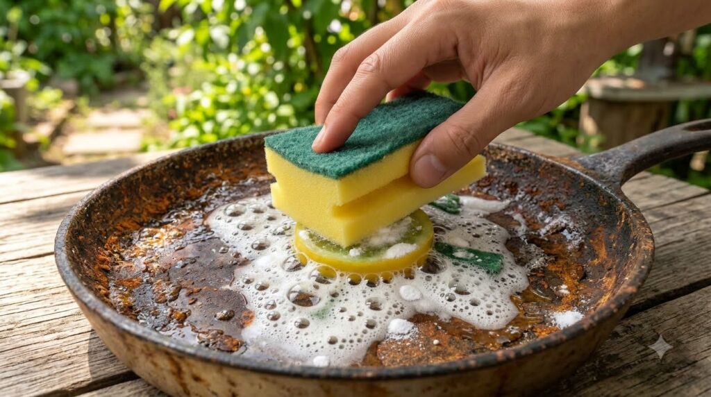 A hand holding a yellow and green cleaning sponge actively scrubbing a heavily rusted metal surface likely a pan or skil