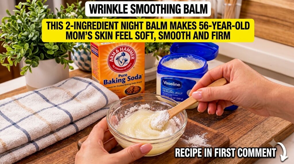 Hands mixing Vaseline and baking soda in a small glass bowl on a wooden surface with the original ingredient containers 