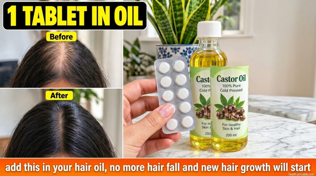 A collage showing a hand holding a silver blister pack of white tablets a clear glass bottle of golden castor oil with a