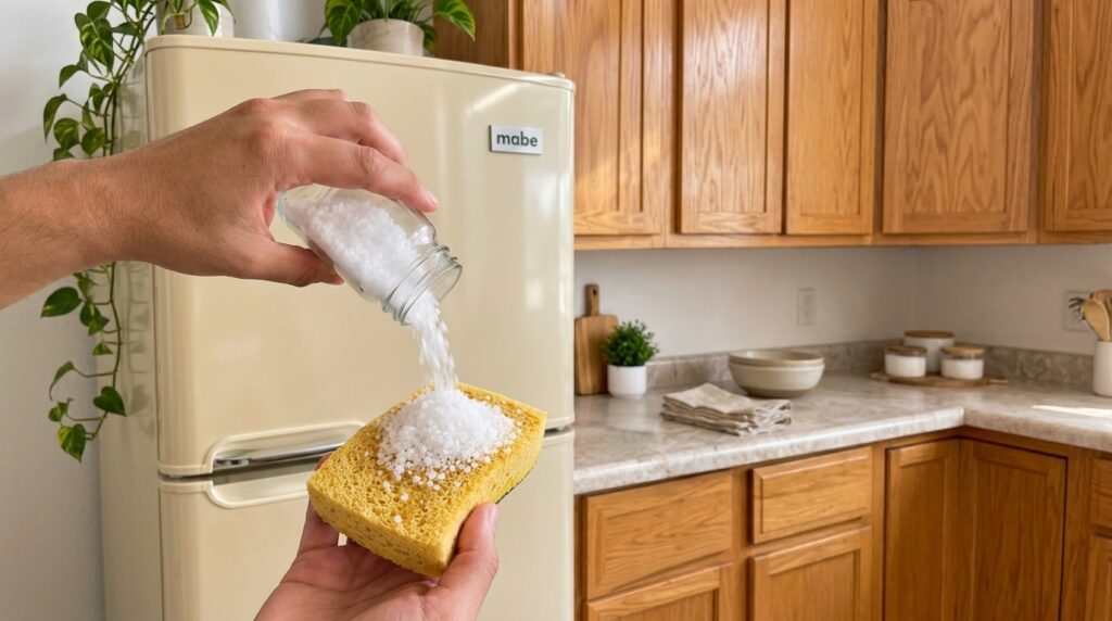 Hands pouring granular white salt from a glass jar onto a yellow sponge In the background a beige refrigerator with a ma