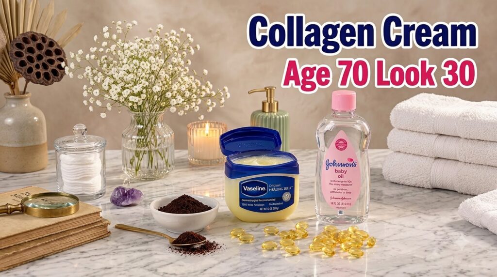 A beauty still life composition featuring an open tub of Vaseline Healing Jelly a bottle of Johnson s baby oil a bowl of