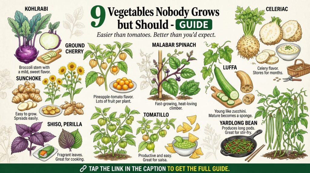 An infographic titled 9 Vegetables Nobody Grows but Should - GUIDE structured as a 3x3 grid showing vibrant illustration