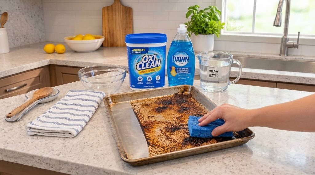 Una mano frotando una bandeja de horno muy sucia con una esponja azul mostrando una sección ya limpia Al fondo productos