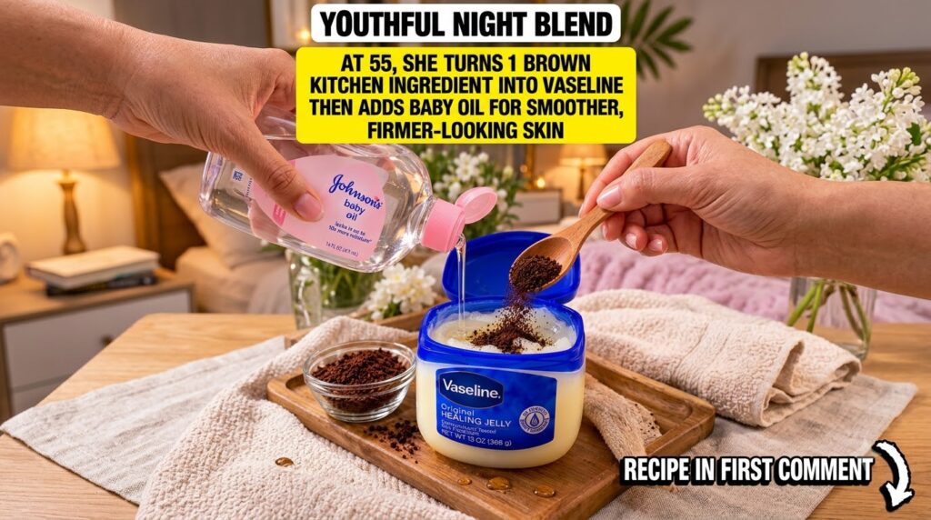 Hands mixing ingredients Johnson s baby oil being poured into Vaseline with a wooden spoon adding coffee grounds to a bo