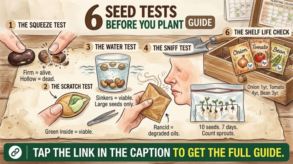 An infographic titled 6 Seed Tests Before You Plant Guide showing various methods to check seed viability such as hands 