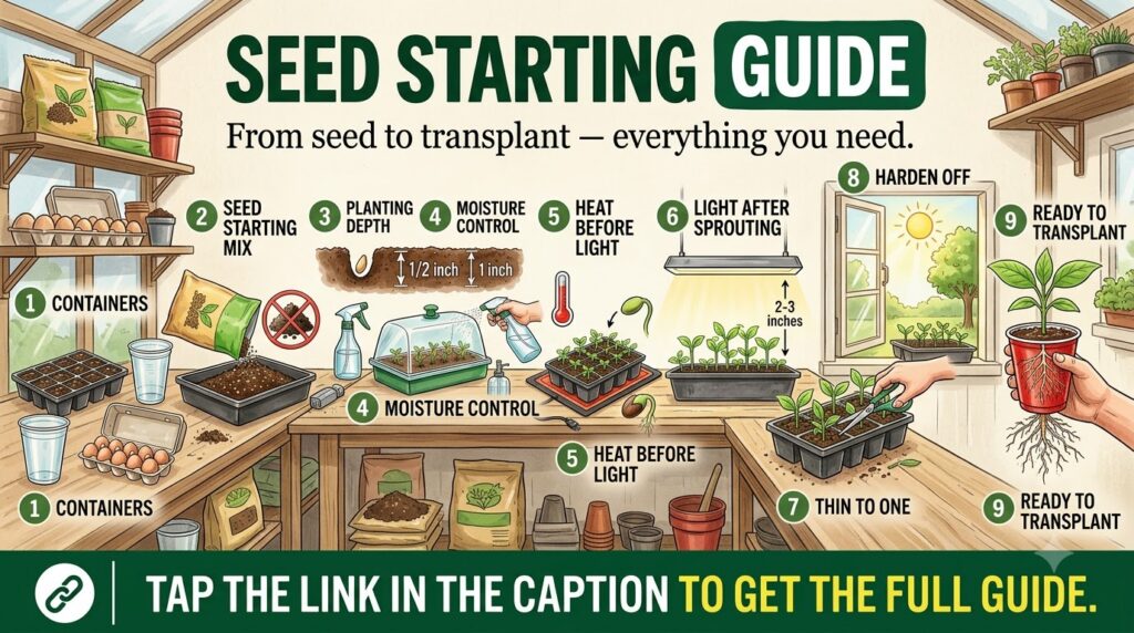 An infographic titled SEED STARTING GUIDE showing 9 steps from seed to transplant including containers seed mix planting