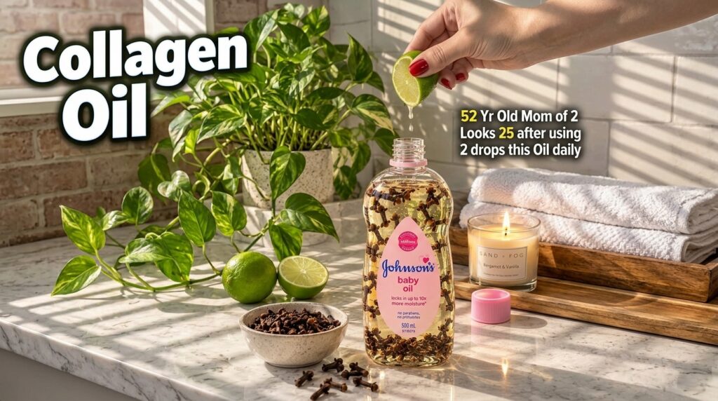 A hand squeezing a fresh lime over an open bottle of baby oil filled with cloves Nearby a bowl of cloves and a cut lime 