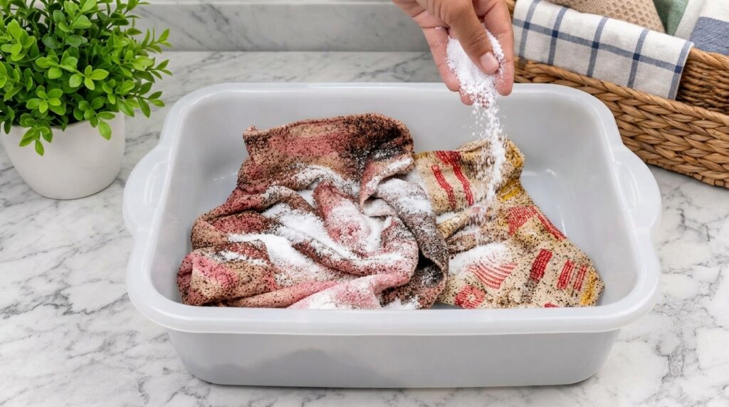 A hand sprinkling fine white powder onto a pile of soiled colorful fabrics inside a white plastic basin